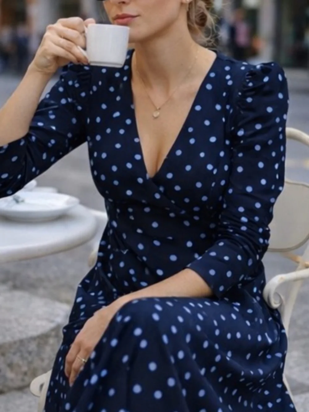 Zara Navy Polka Dot Puff Shoulder Midi Dress Women's Large - Picture 2 of 13